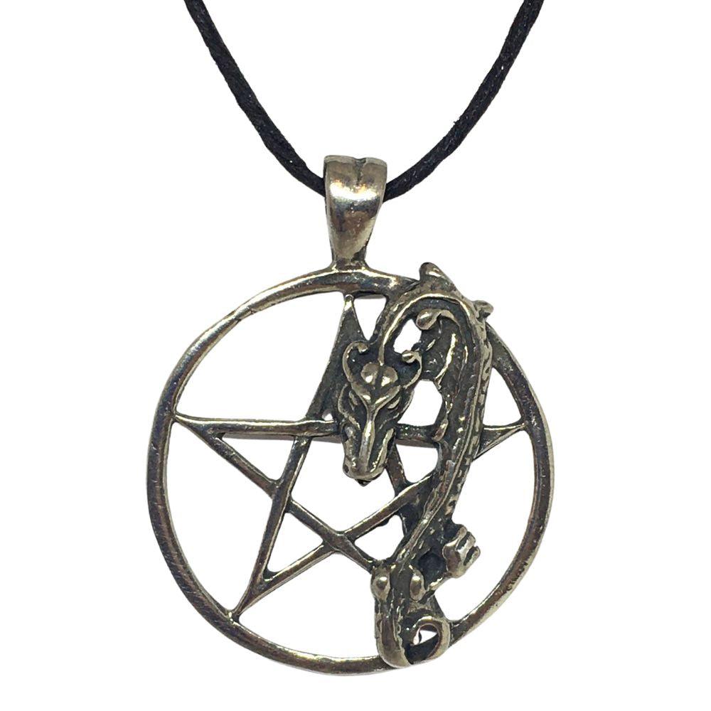 Pentacle of Dragon Round Wiccan Sorcery Unisex Pewter Pendant Necklace 1.1L - Museumize.com