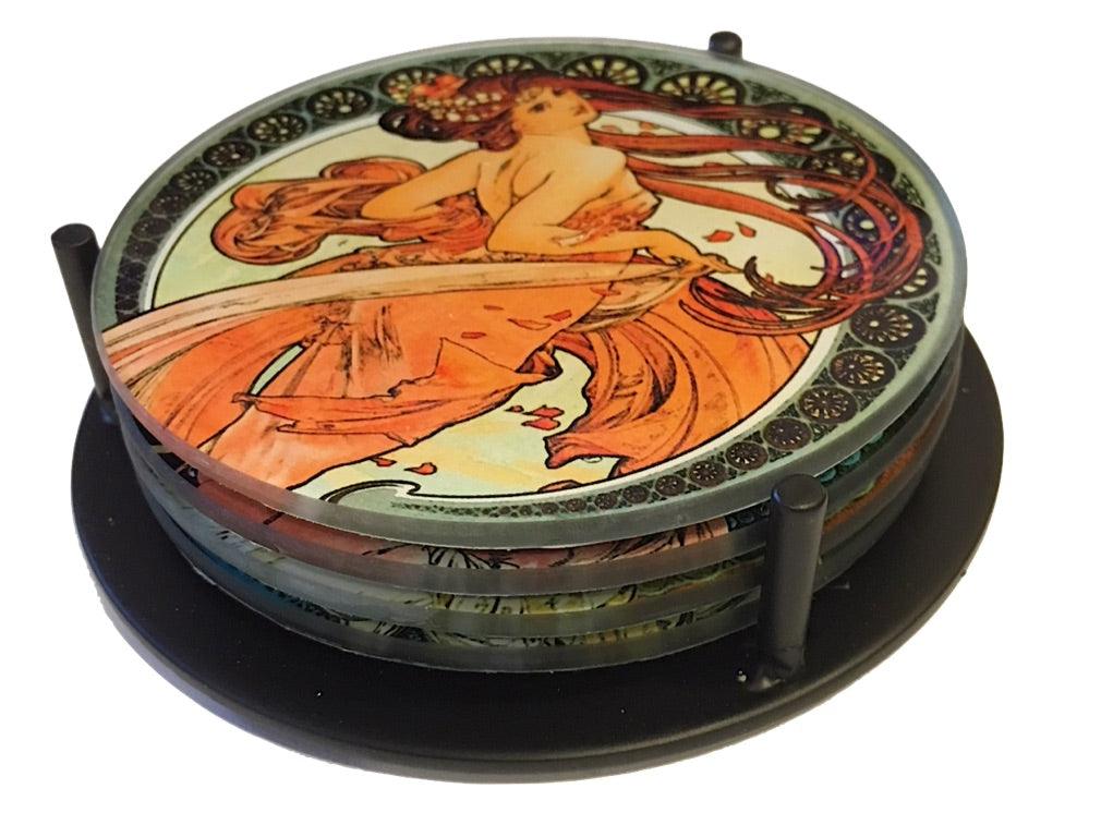 Mucha Paintings Glass Drink Bar Coasters Set of 4 with Storage Stand - Museumize.com