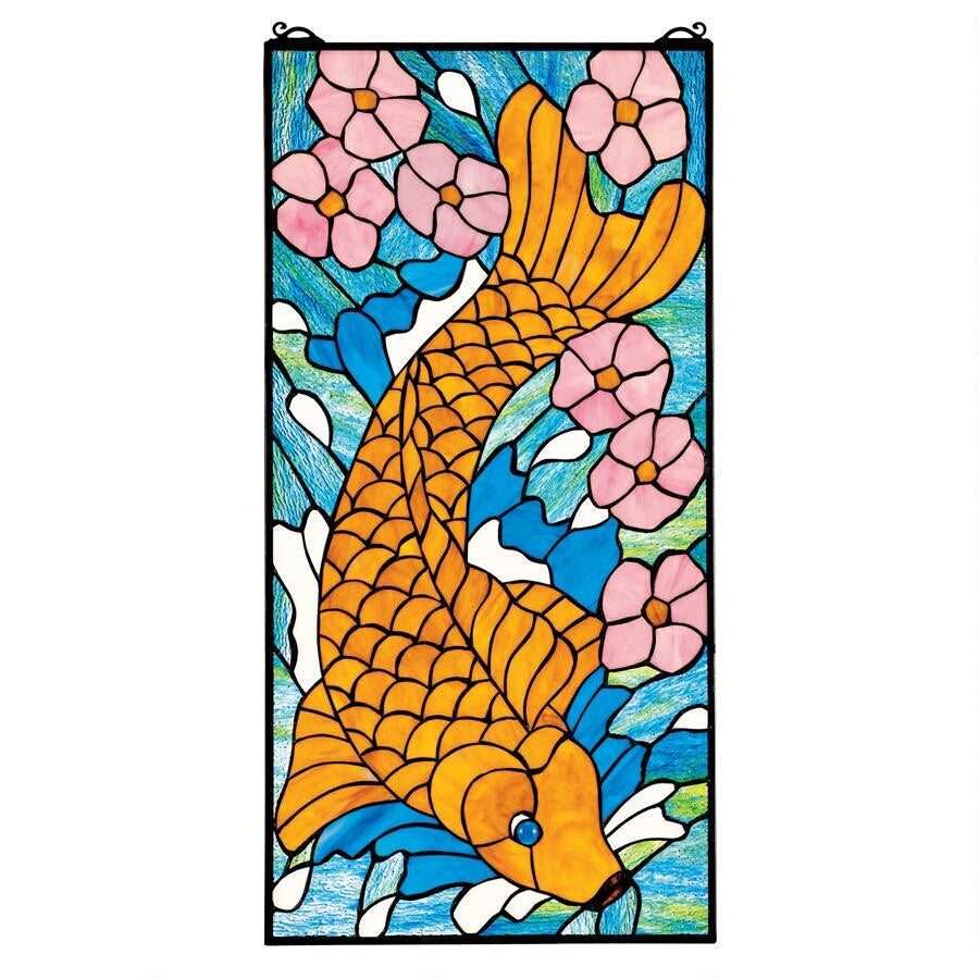 Asian Koi Fish Orange Blue Pink Stained Glass Window 28.5H x 14W