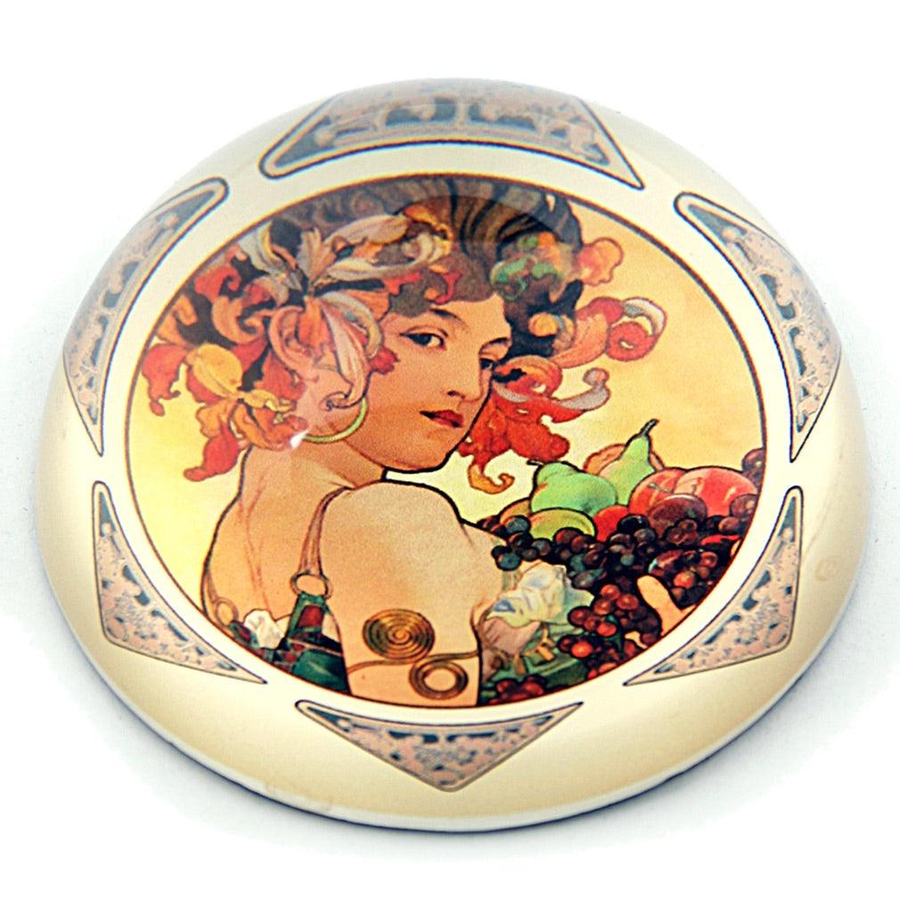 Mucha Lady Holding Fruit 1897 Belle Epoque Glass Dome Paperweight 3W - Museumize.com