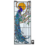 Peacock at Sunset Blue Yellow Stained Glass Window 25.5H x 10W