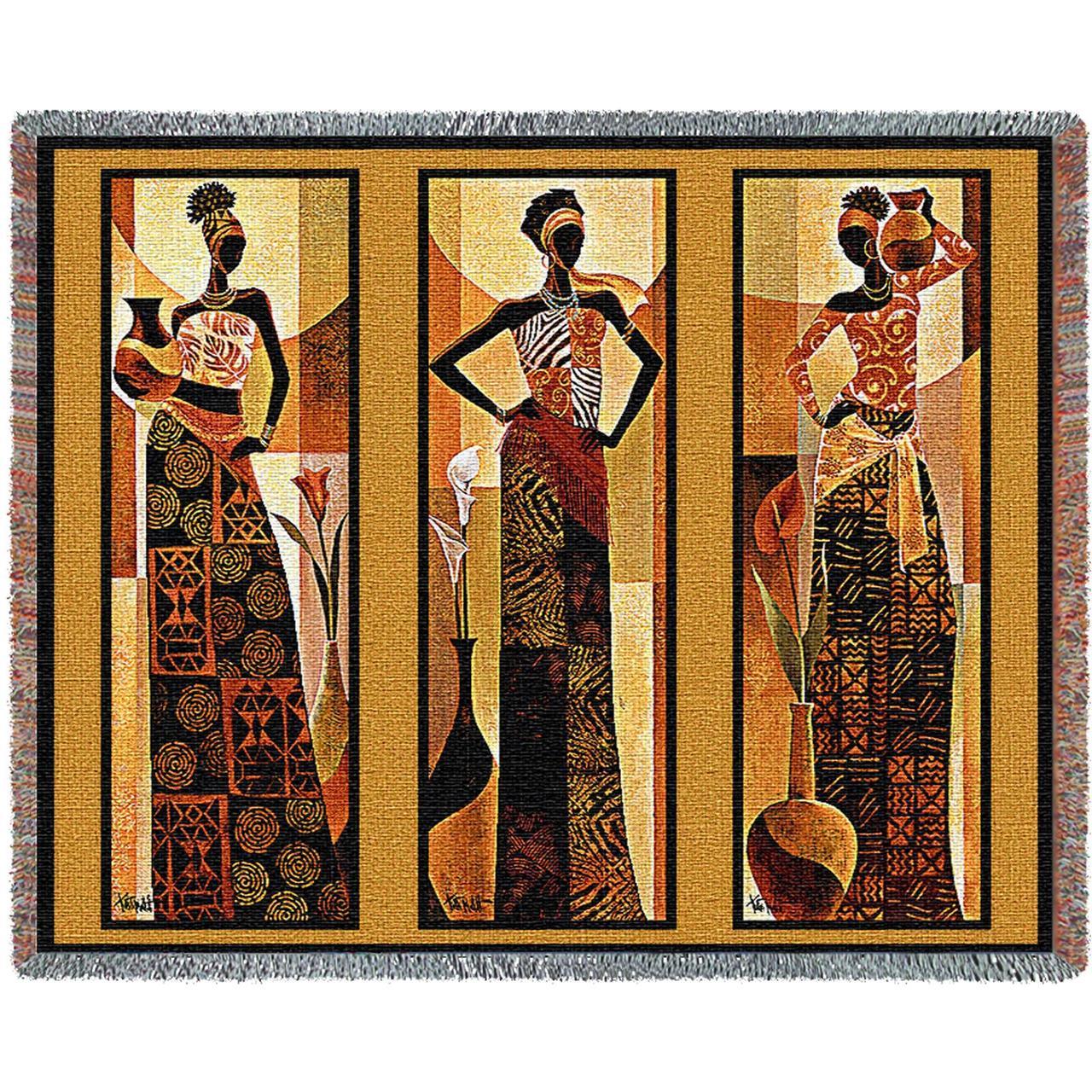 Namirya African Women Woven Tapestry Throw Blanket By Keith Mallet Fringe Cotton 72x54 - Museumize.com