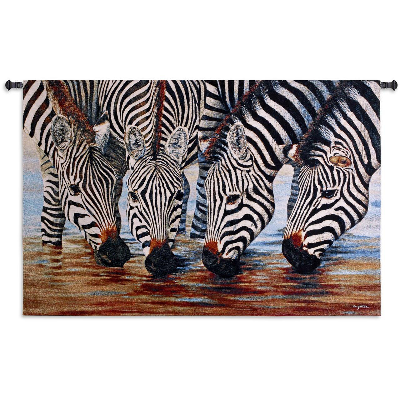 Four Zebras Drink from Stream Close View of Heads Pictorial Black White Woven Wall Tapestry 52x34 - Museumize.com