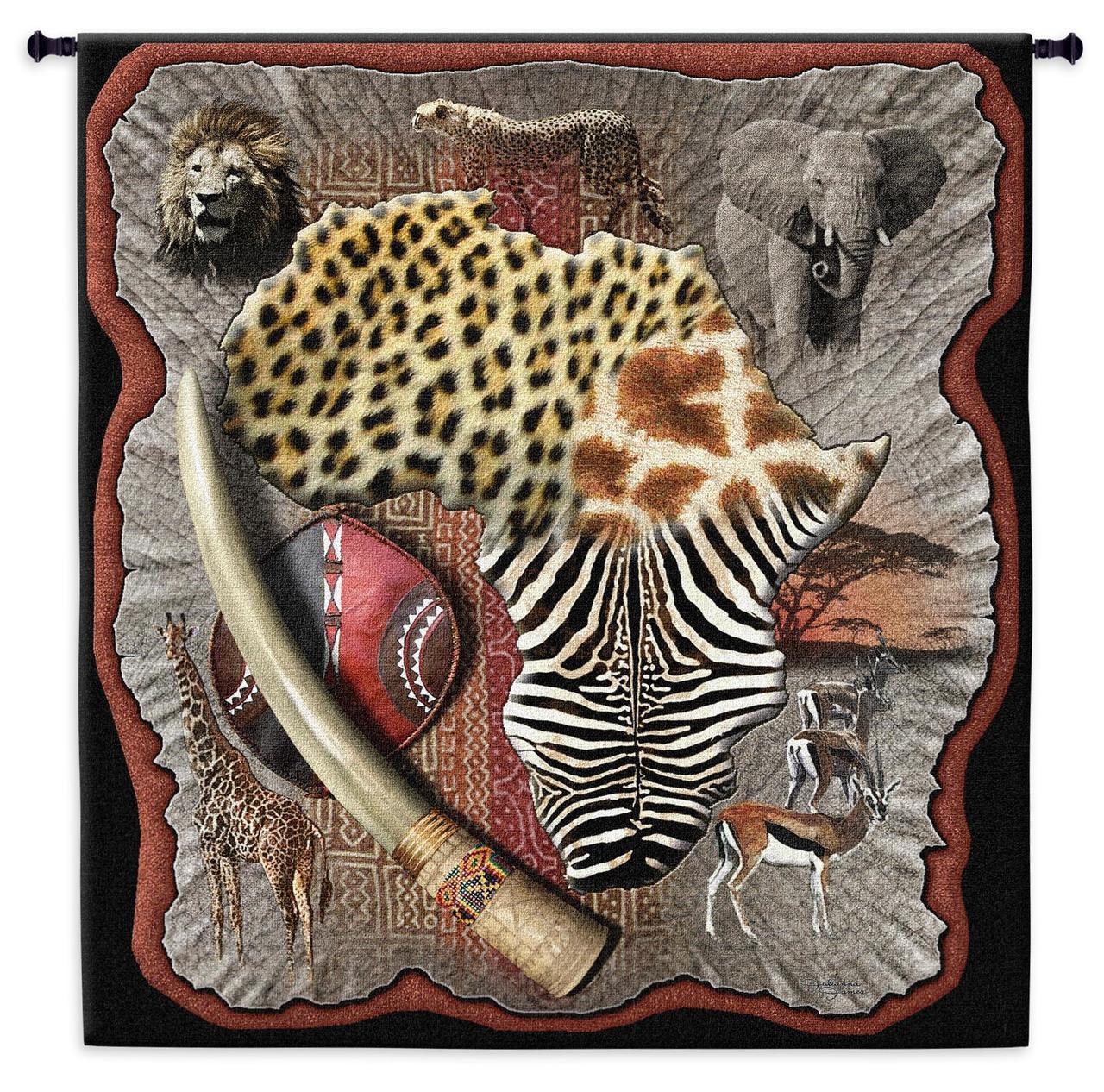 Africa Continent Animals Tusk Patterns Black Brown African Woven Wall Tapestry 52x47 - Museumize.com