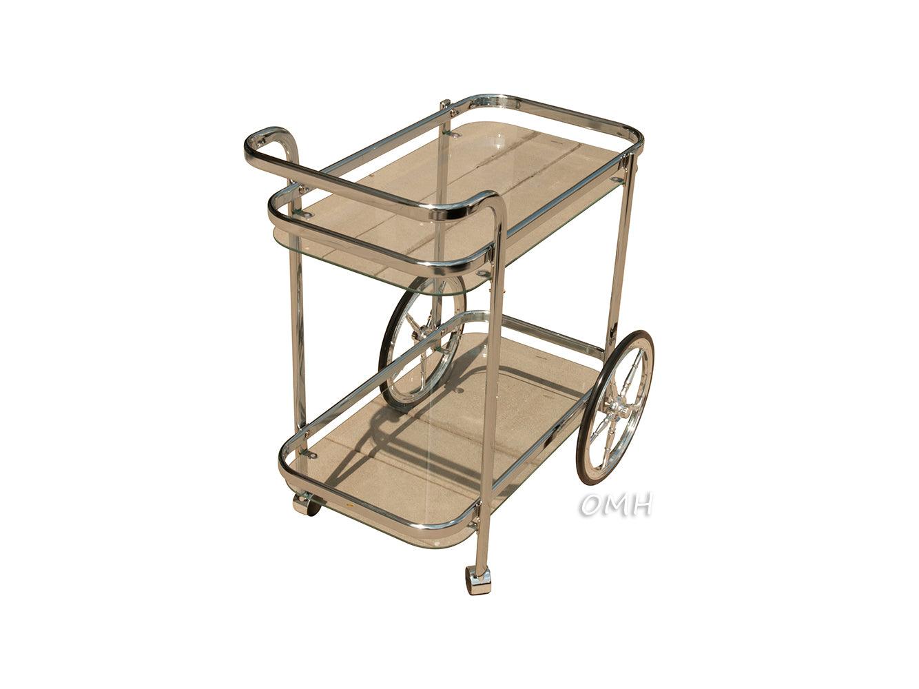 Elegant Chrome and Glass Serving Trolley with Wheels 29H - Museumize.com