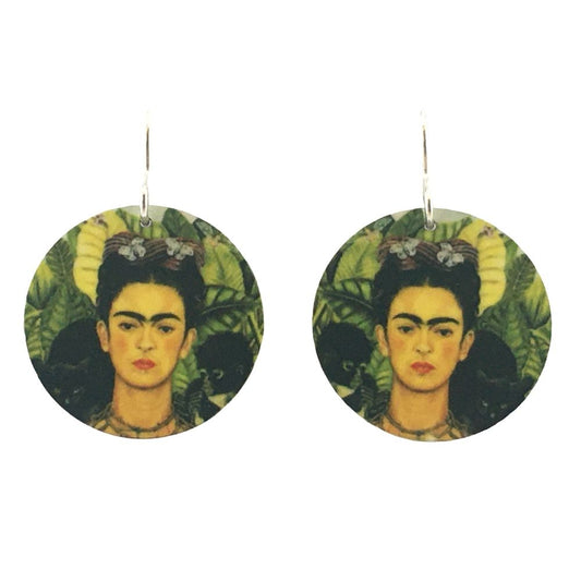 Frida Kahlo Portrait Round Handmade Aluminum Artisan Earrings 1.25L