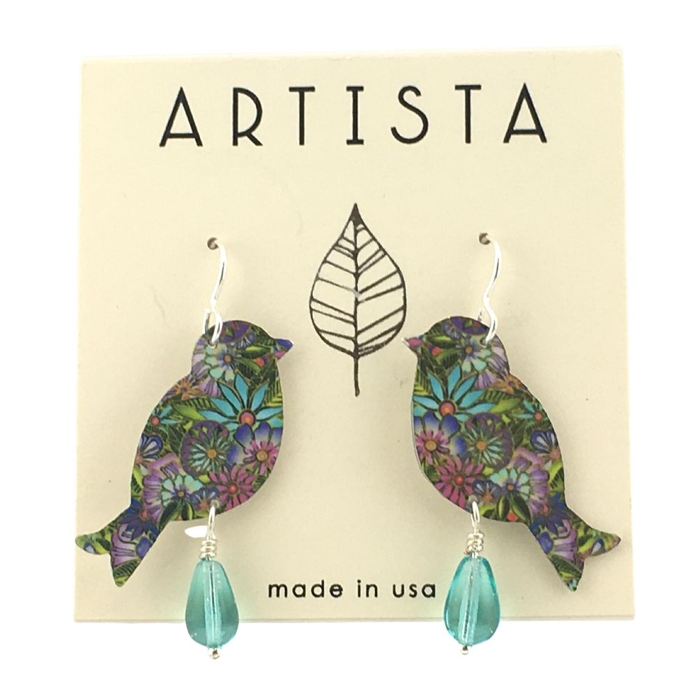 Cha Cha Bird Blue Purple with Teardrop Bead Handmade Artisan Earrings 1.9L