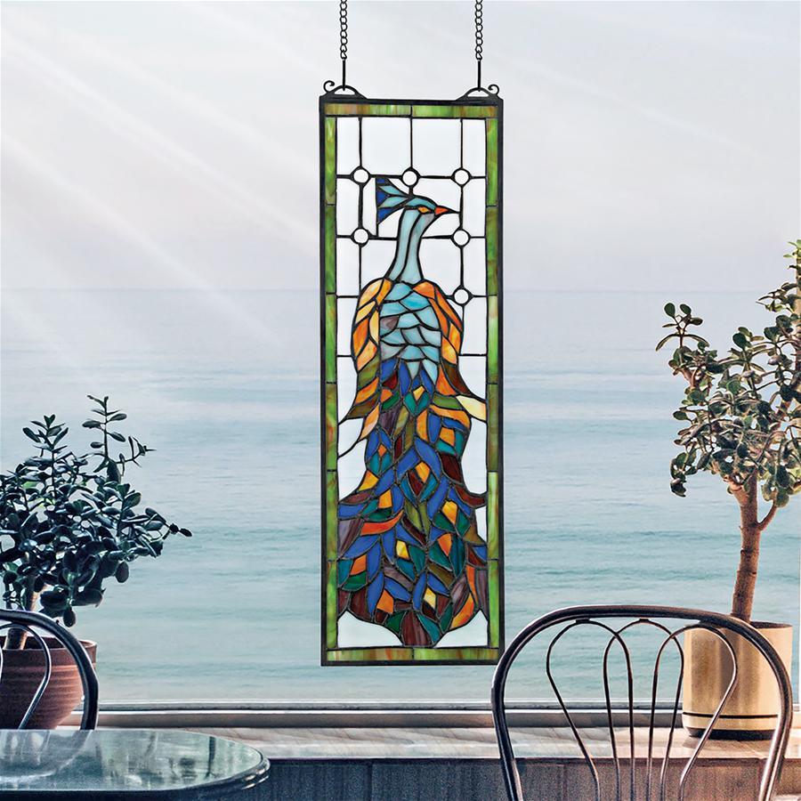 Pleasant Peacock Blue Multicolor Stained Glass Rectangle Window 21H x 7W - Museumize.com