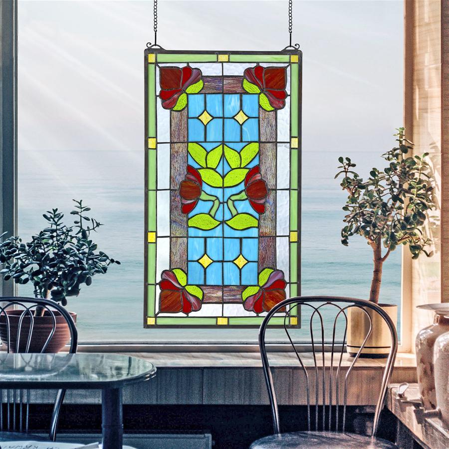 Red Anemone Wind Flowers Green Red Rectangle Stained Glass Window 24H x 13.5W - Museumize.com