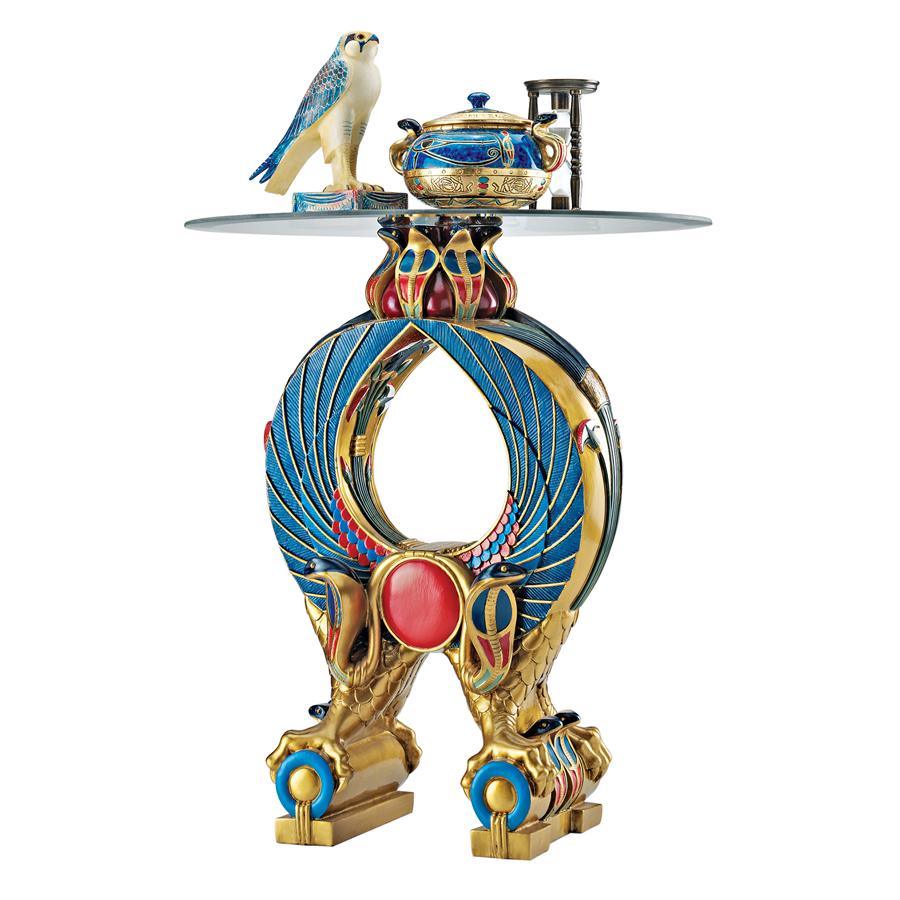 Wings of Horus and Serpents Blue Gold Egyptian Altar Side Table with Glass 19.5H - Museumize.com