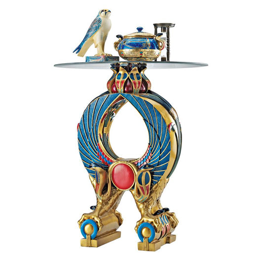 Wings of Horus and Serpents Blue Gold Egyptian Altar Side Table with Glass 19.5H