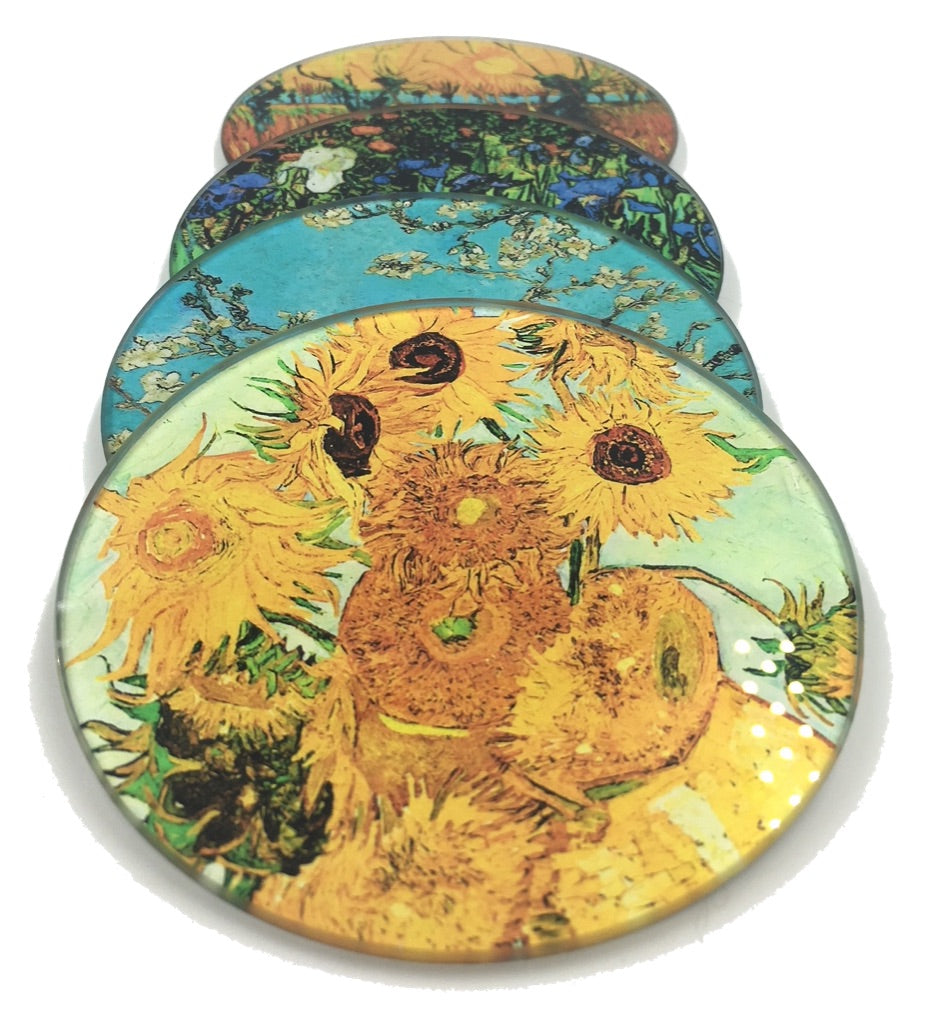 Van Gogh Paintings Bar Drink Coffee Table Glass Coasters Set of 4 with Storage Stand