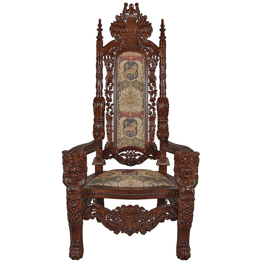 Lord Raffles Throne Chair High Back Wood Heraldic Crest Coat of Arms 68H