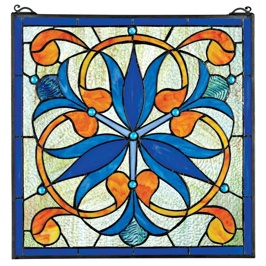 Mokara Orchid Trefoil Floral Stained Glass Window Blue Orange Flower Pattern 17H - Museumize.com