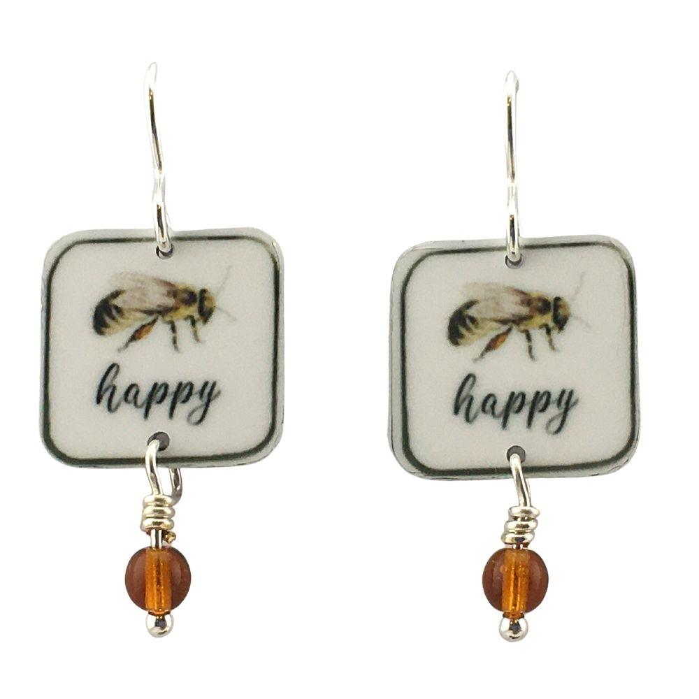 Bee Happy Small Square with Beads Handmade Artisan Earrings 1.25L - Museumize.com