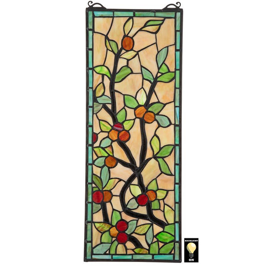 Morris Trellis Red Green Yellow Stained Glass Window 22H x 8.5W