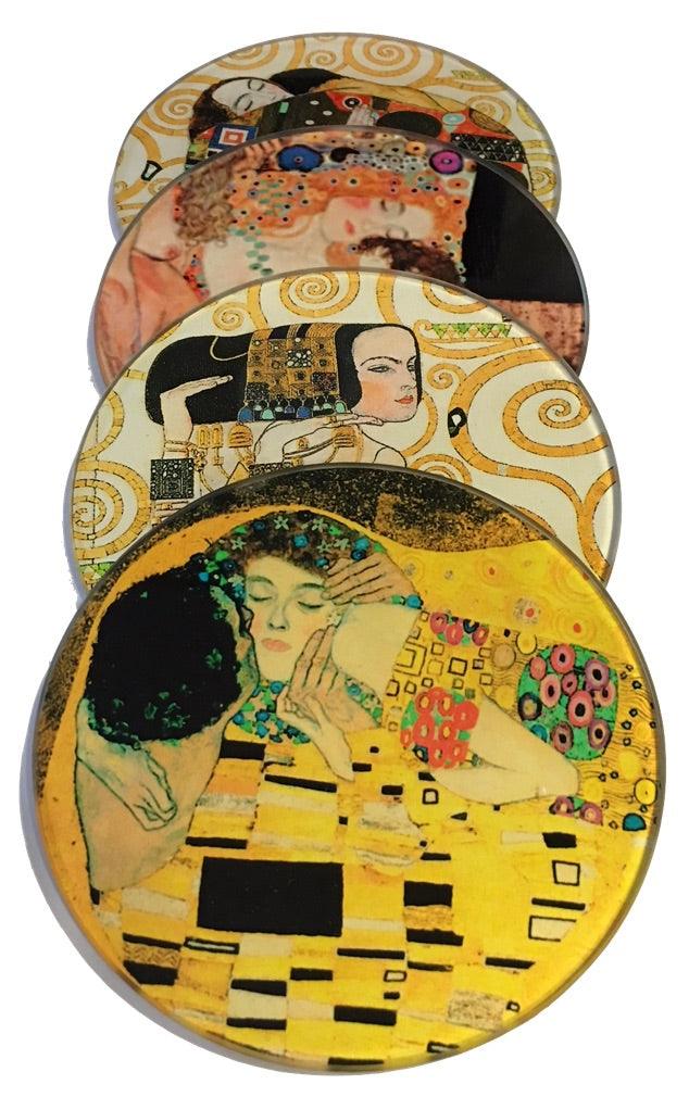 Klimt Paintings Glass Drink Bar Coffee Table Coasters Set of 4 with Storage Stand - Museumize.com