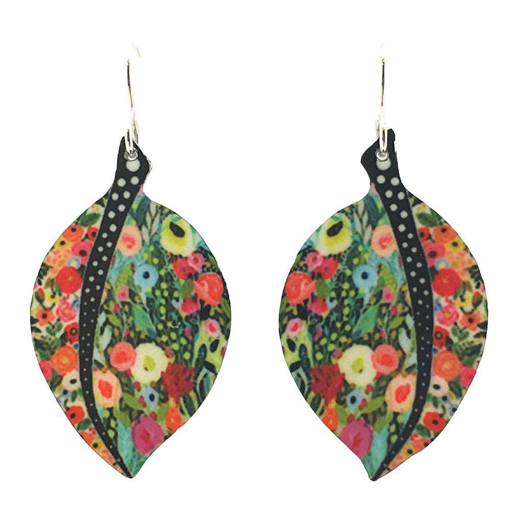 Leaf Shaped Earrings Spring Flower Pattern Aluminum Handmade Artisan Earrings 1.75L - Museumize.com