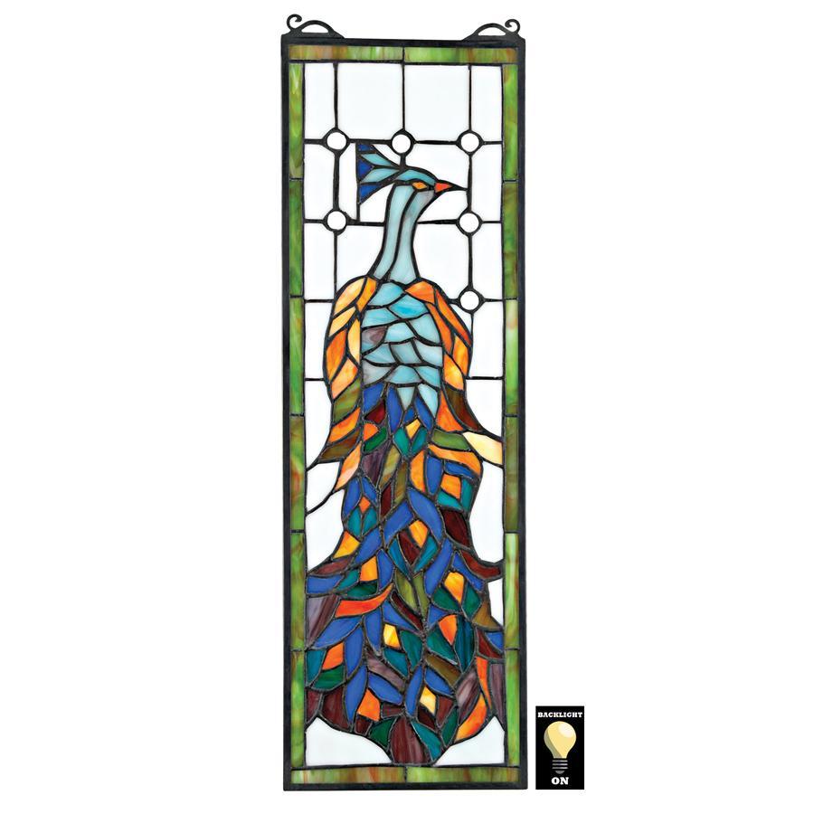 Pleasant Peacock Blue Multicolor Stained Glass Rectangle Window 21H x 7W - Museumize.com