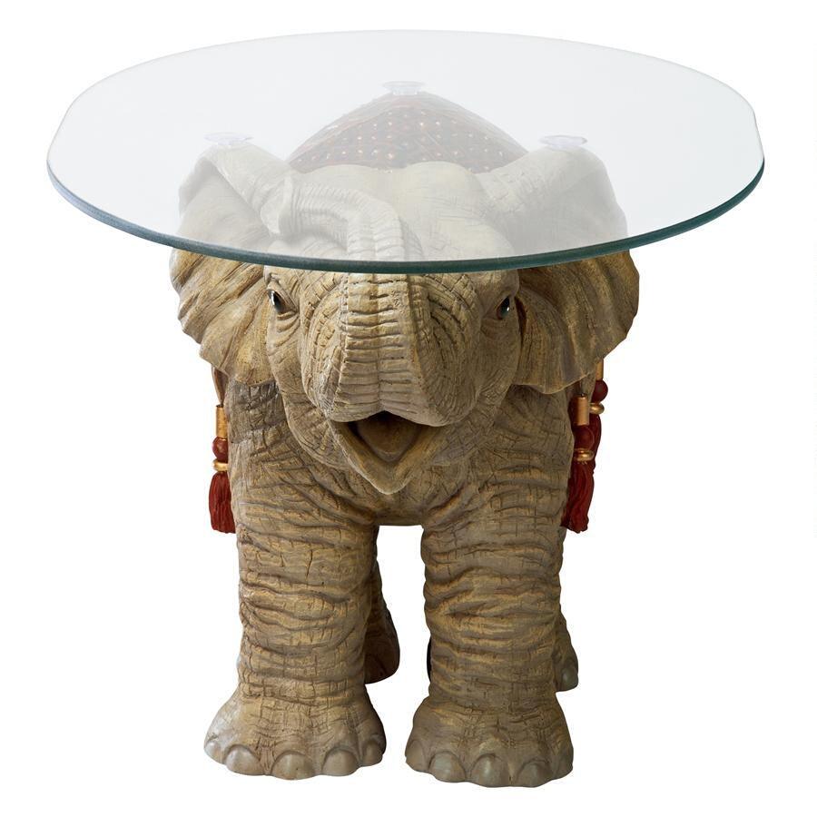 Elephant Trunk Up Accent Table Indian Festival Holi with Glass 18H - Museumize.com