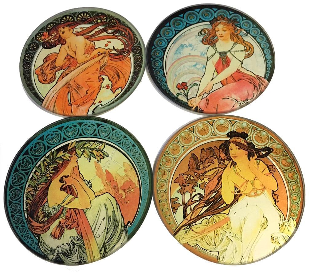 Mucha Paintings Glass Drink Bar Coasters Set of 4 with Storage Stand - Museumize.com