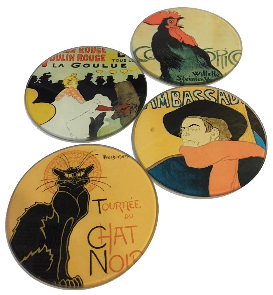 Parisian Posters Lautrec Steinlen Belle Epoque Bar Drink Glass Coasters Set of 4 - Museumize.com