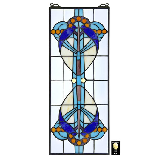 Bauhaus Modern Blue Stained Glass Window 22H x 9W