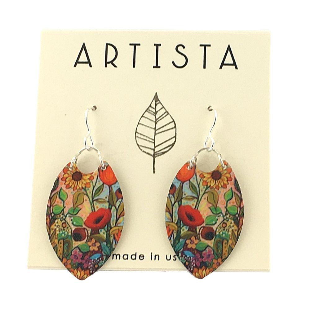 Wildflowers Tapered Oval Orange Red Green Handmade Aluminum Artisan Earrings 1.75L - Museumize.com