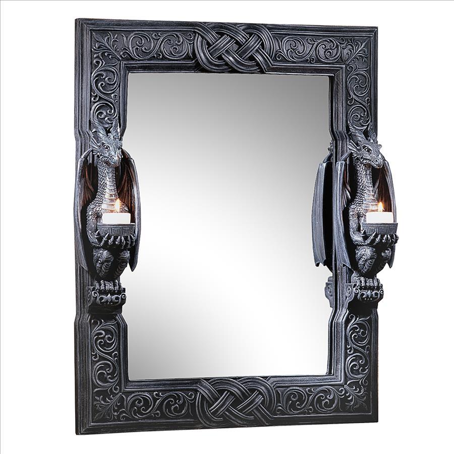 Wall Mirror - Twin Sentinel Dragons Rectangle Medieval Era 23H x 19.5W - Museumize.com