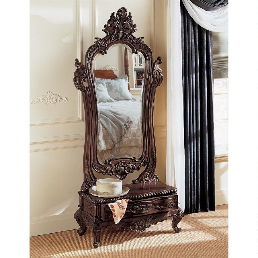 Thornwood Manor Victorian Dressing Mirror Handcarved Mahogany with Drawer 74H - Museumize.com