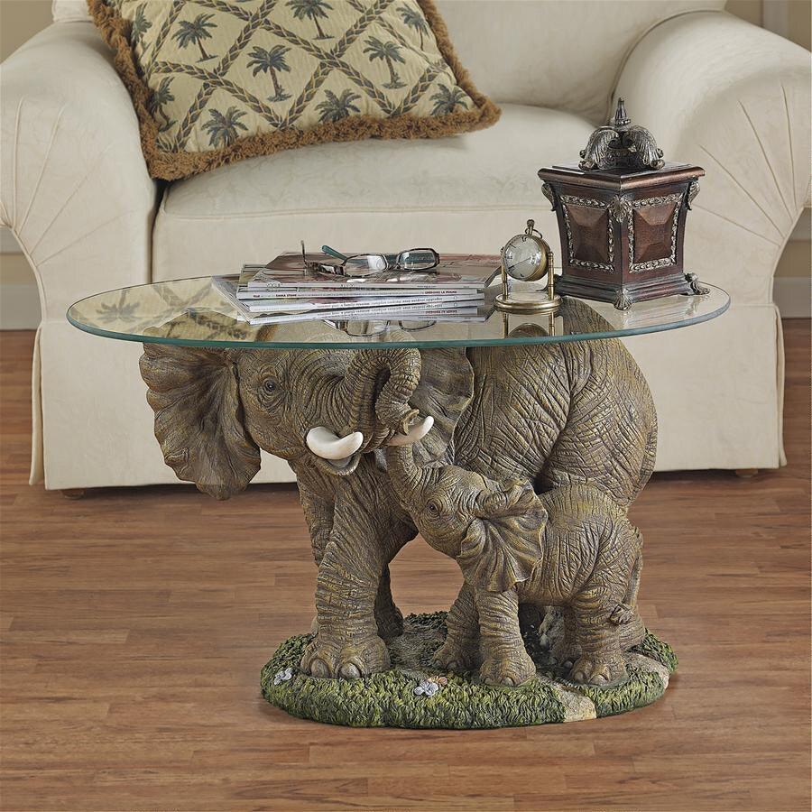 Elephant Mother and Baby Calf African Majesty Cocktail Table with Glass 18H - Museumize.com