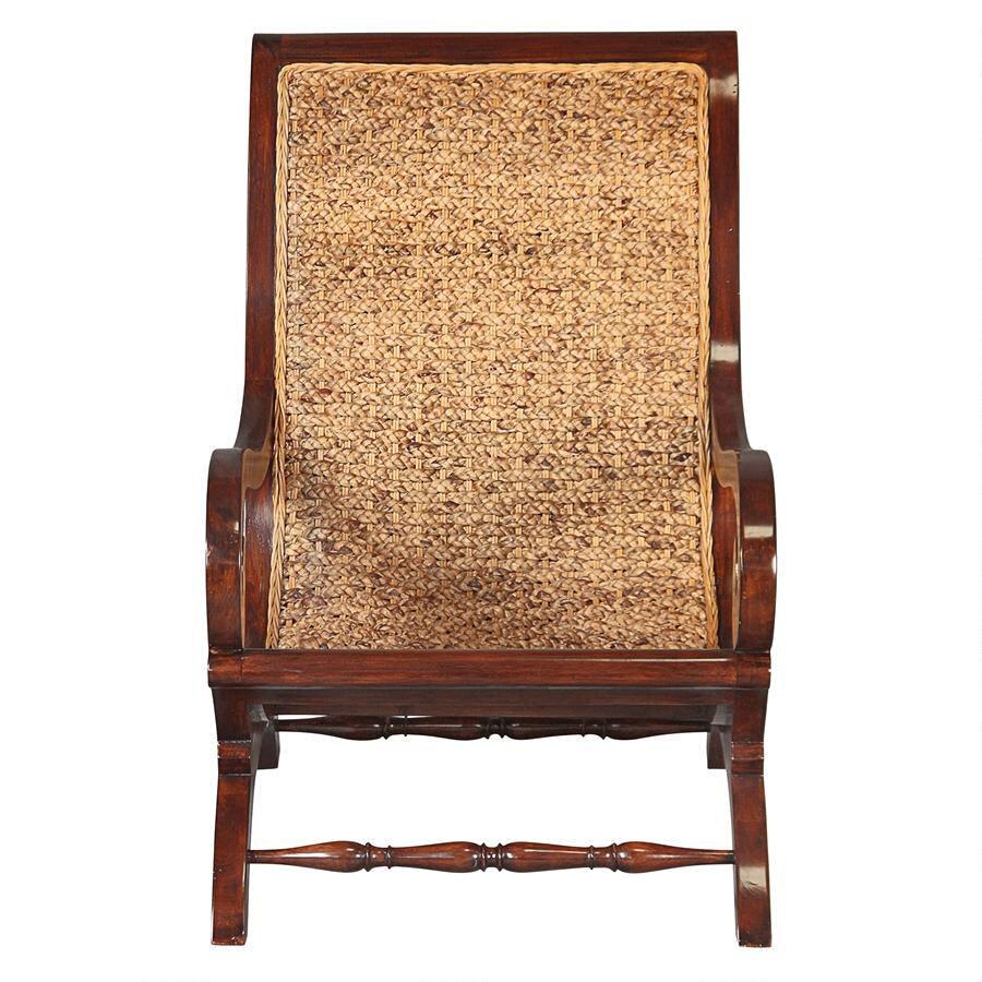 British Plantation Chair Woven Seat Dramatic Carved Swirl Arms Mahogany 35.5H - Museumize.com