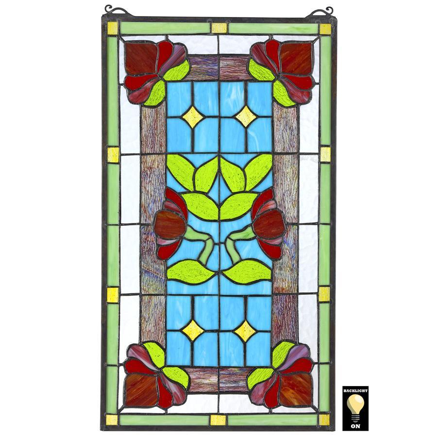 Red Anemone Wind Flowers Green Red Rectangle Stained Glass Window 24H x 13.5W - Museumize.com