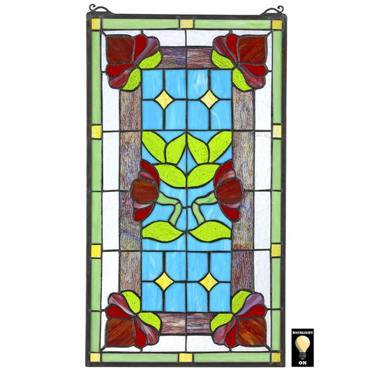 Red Anemone Wind Flowers Green Red Rectangle Stained Glass Window 24H x 13.5W