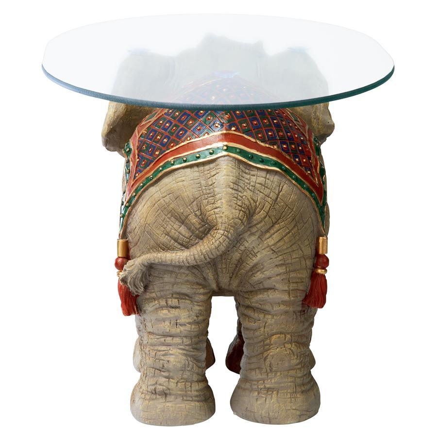 Elephant Trunk Up Accent Table Indian Festival Holi with Glass 18H - Museumize.com