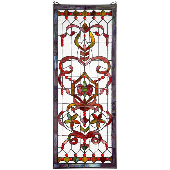 Delaney Manor Ornamental Ribbon Red Stained Glass Window 48H