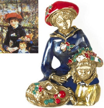 Renoir Two Sisters On The Terrace Pin Blue Red Enamel Painting Adaptation Jewelry 1.7H - Museumize.com