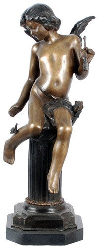 Cupid Sitting on Column Statue Lost Wax Bronze 17H - Museumize.com