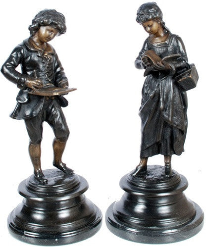 French Boy and Girl Children Reading Books Statue Pair, Lost Wax Bronze 13H - Museumize.com