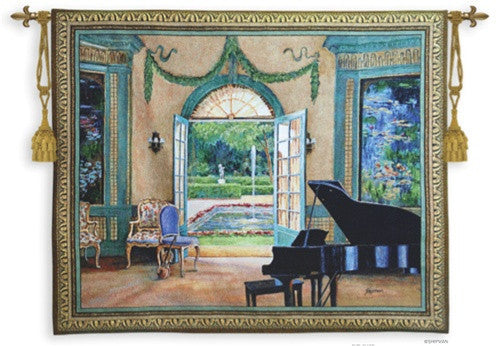 Music Room with Grand Piano and Garden View by Monet Woven Wall Tapestry - Museumize.com